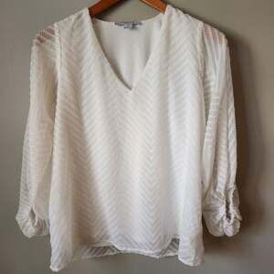 Favlux White Vneck Textured Sheer Sleeve Blouse Shirt Small